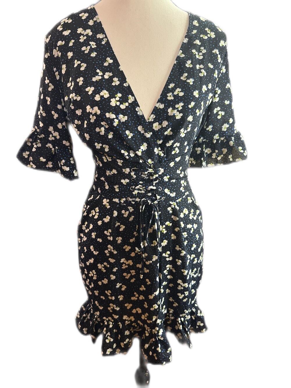 Pretty Little Thing Ditsy Floral Corset Swing Dress Sz4 Frill Hem Lace Up NWT